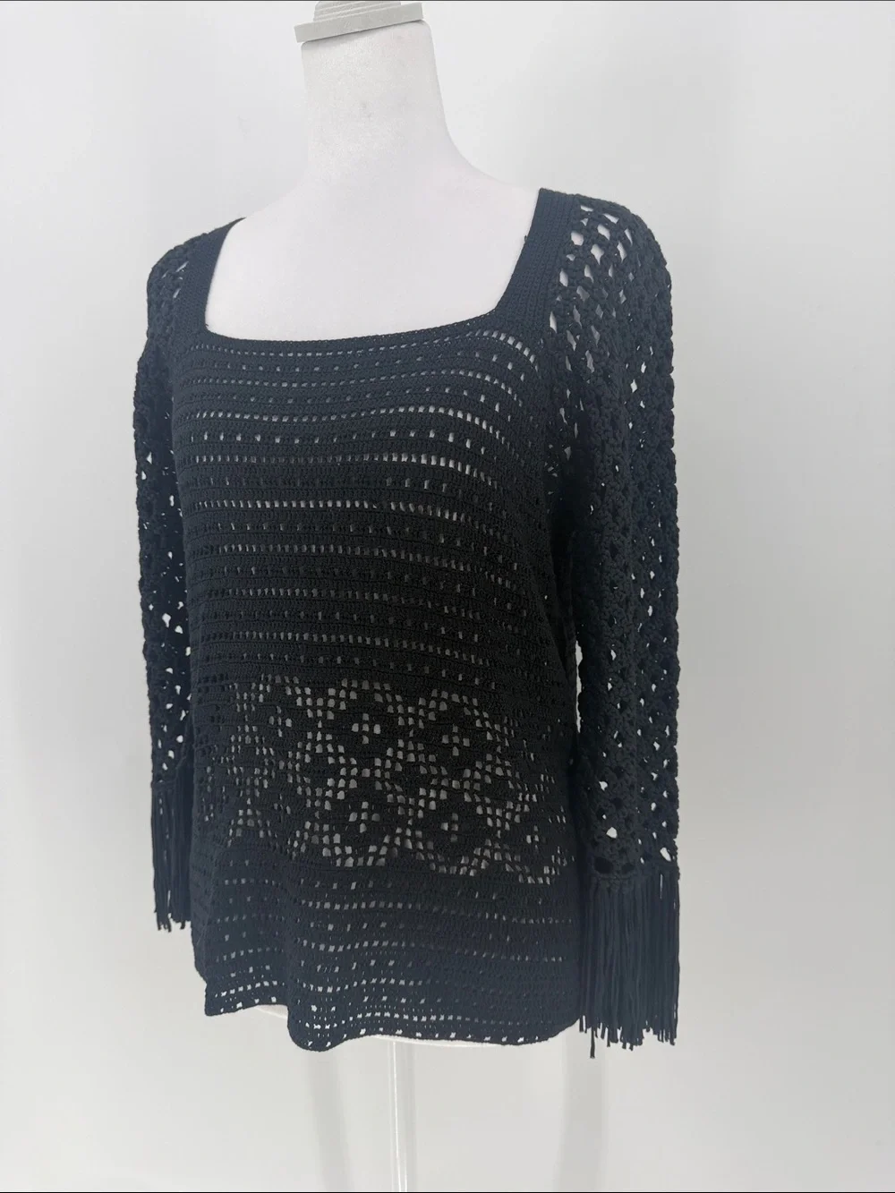 Cynthia Steffe Black Crochet Silk Fringe Sleeve Sweater Top Medium